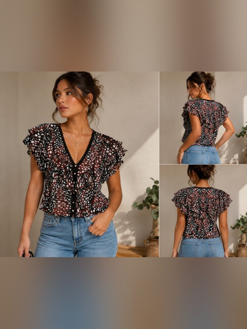 Avec Les Filles Ruffled V-Neck Blouse in Brown and White Dot Print